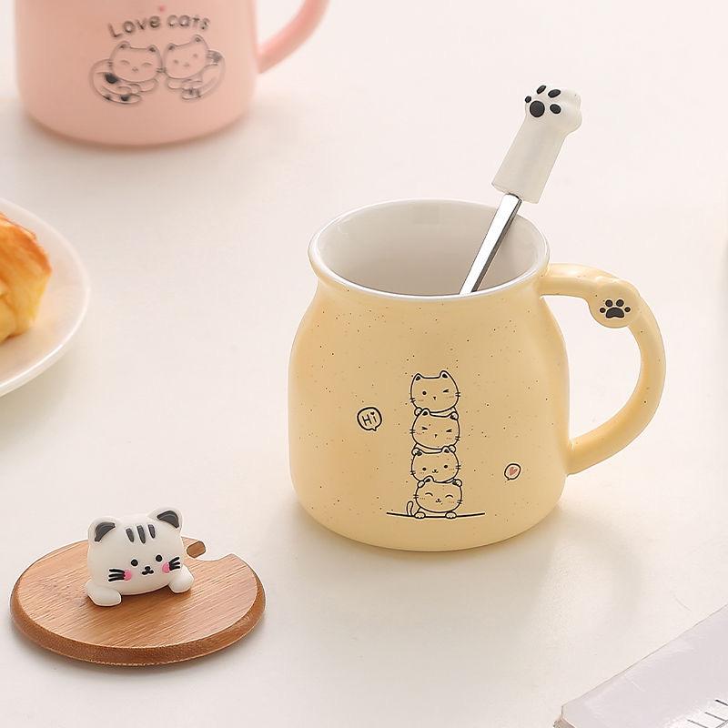 Cute Cartoon Cat Ceramic Mug with Lid and Spoon – Breakfast Coffee Cup