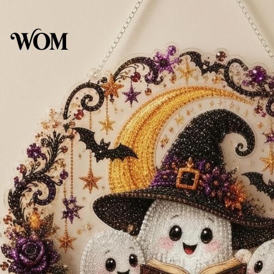 Festive Window Hanging Decorations Halloween Ghost/Owl Diamond Art Ornament Kit, Seasonal Home Decor Painting Suncatcher, DIY Pendant Gem Projects