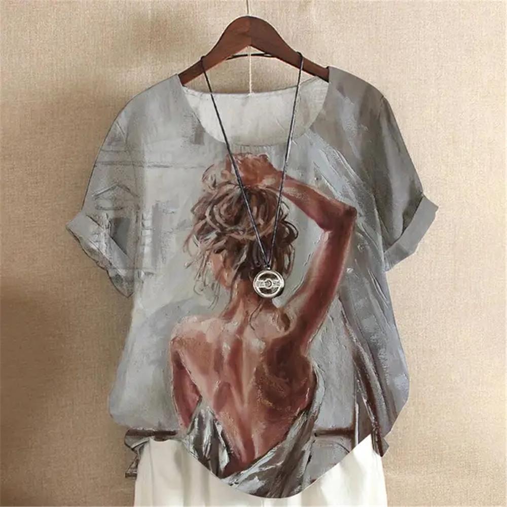 Oil Painting Y2k Girls Digital 3D Print Summer Fashion Women T-shirt Short Sleeve Everyday T-shirt Harajuku Vintage Pullover