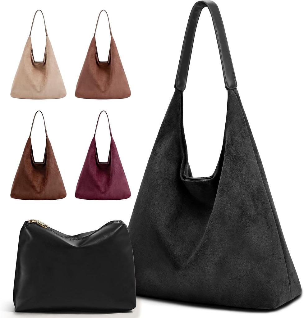 Suede Tote Bag Woman Vintage Large Capacity with Zippered Cosmetic Organizer, Slochy Hobo Tote Bag, Underarm Bag