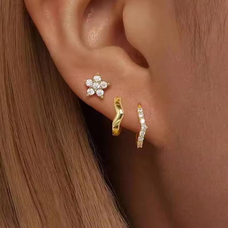 3PCS Crystal Flower Tragus Stud Earring Set Women Fashion Square Huggie Hoop Earring Bulk Cartilage Helix Jeweley Lobe Piercing