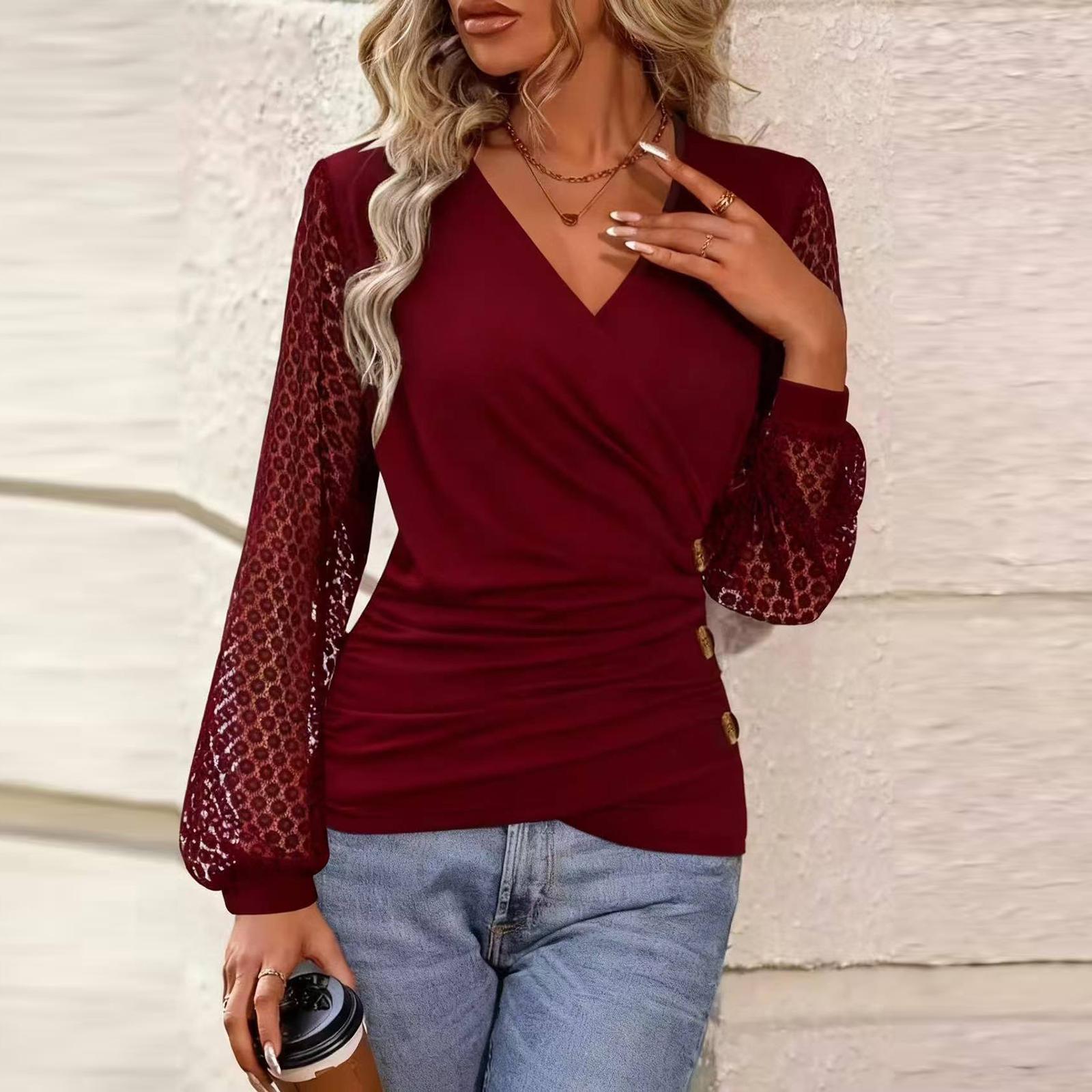 

Women s ,Color Patchwork Lace Bell,Sleeve Button,Overlap T,Shirt Top S винний