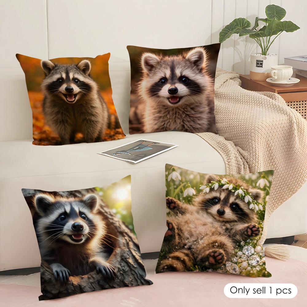 Raccoon Cushion Cover Silky Short Plush Sofa Pillow Cover Hidden Zipper Soft Dustproof Case For Home Decor