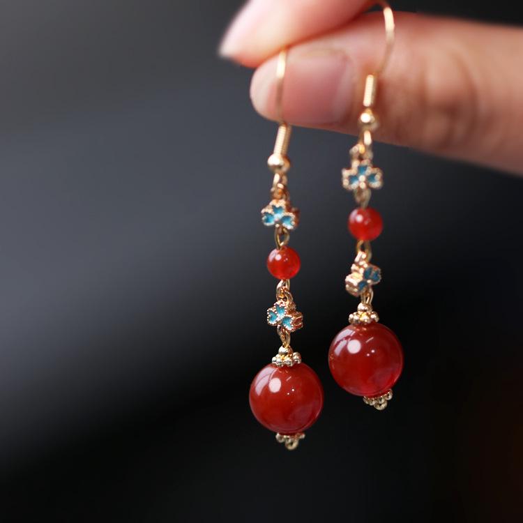 Ming & Song Style Red Agate Cloisonné Enamel Dangle Earrings - Original Chinese Design, Perfect for Ma Mian Skirt Accessories