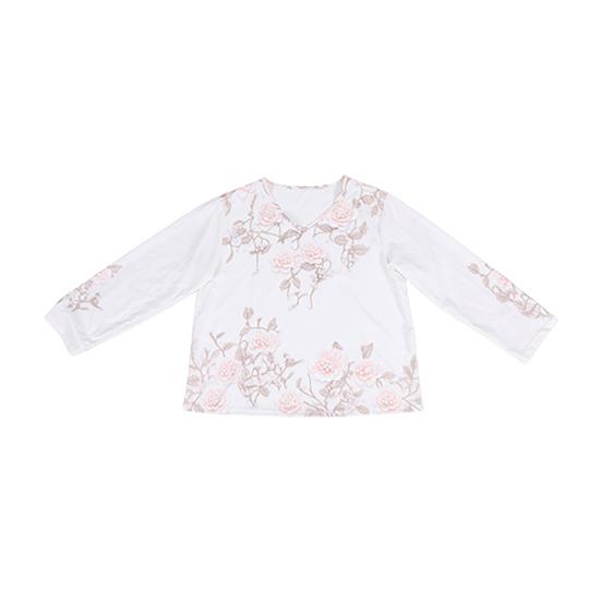 Women T-shirt V-Neck Long Sleeve 3D Flower Decor Pullover Tops with Faux Pearls Decor Spring Autumn Casual Tee Shirt