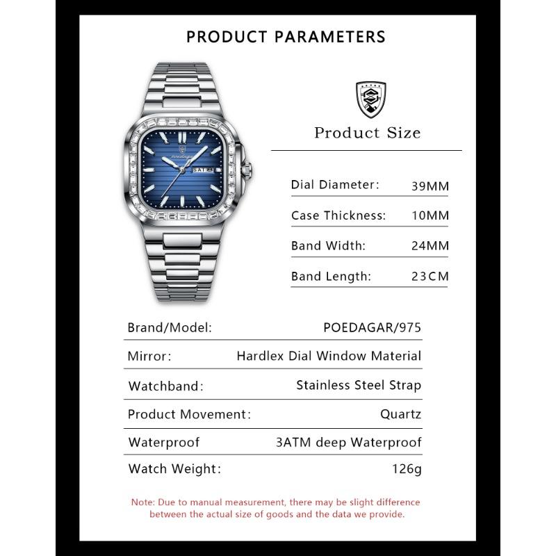 POEDAGAR Top Brand Luxury Watch for Men Waterproof Luminous Date Week Wristwatch Stainless Steel Square Quartz Watches
