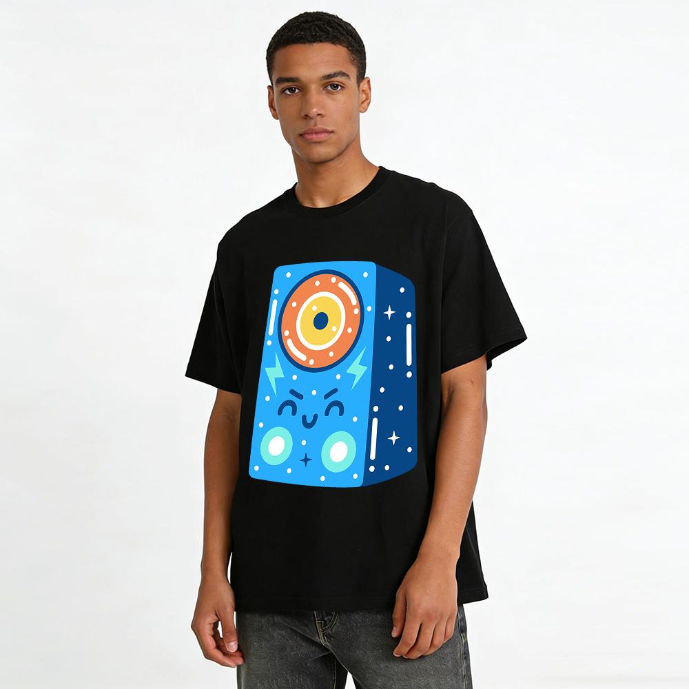 Cartoon Space Radio Print T-Shirt Casual Loose Breathable Crewneck Tops For Adults And Kids Pure cotton T-shirt