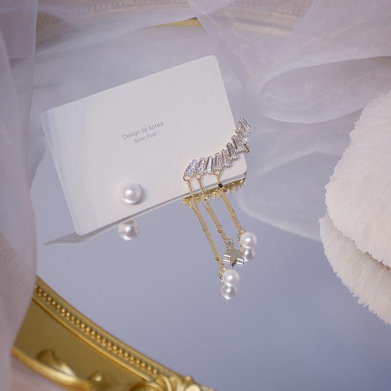 Korea Fashion Jewelry 14K Real Gold Plating Copper Inlaid Zircon Earrings Asymmetric Pearl Tassel Women's Wedding Prom Earrings