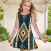 Girls Round Neck Sleeveless Geometric Printed A Line Flared Dress Blue Orange Beige