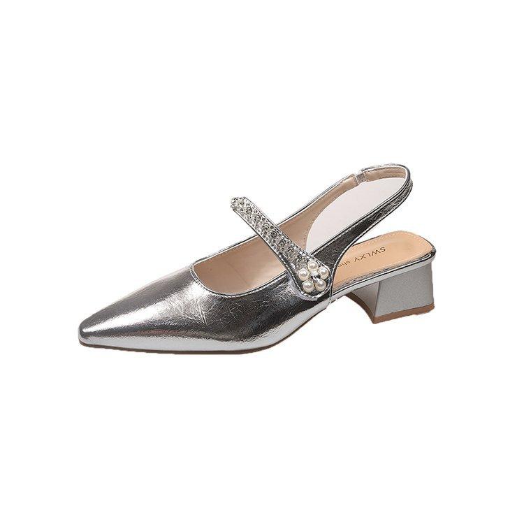 

Серебристые сандалии с закрытым носком, летние новинки, туфли Мэри Джейн, толстый каблук, острый высокий каблук, женские 39 серебряный
