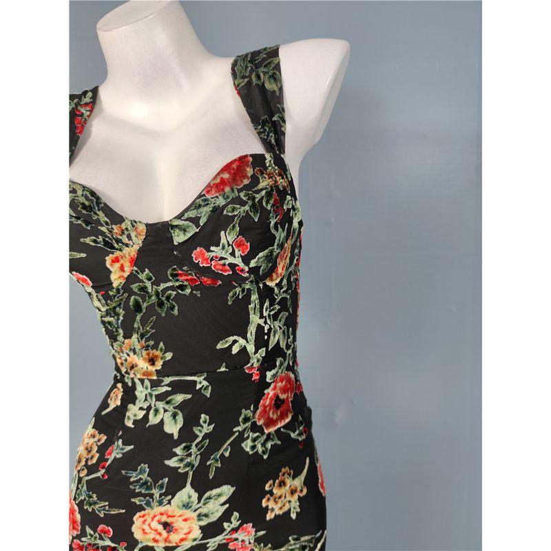 Foreign Trade Order Lu's Home Sling Flocking Flowers Sling Backless Slimming Elegant Fashion Socialite Party Sheath Dress