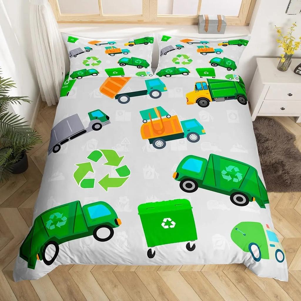 Cartoon Garbage Truck Duvet Cover Green Trash Truck Bedding Set Green Vehicle Car Comforter Cover Garbage Truck Toy Quilt Cover