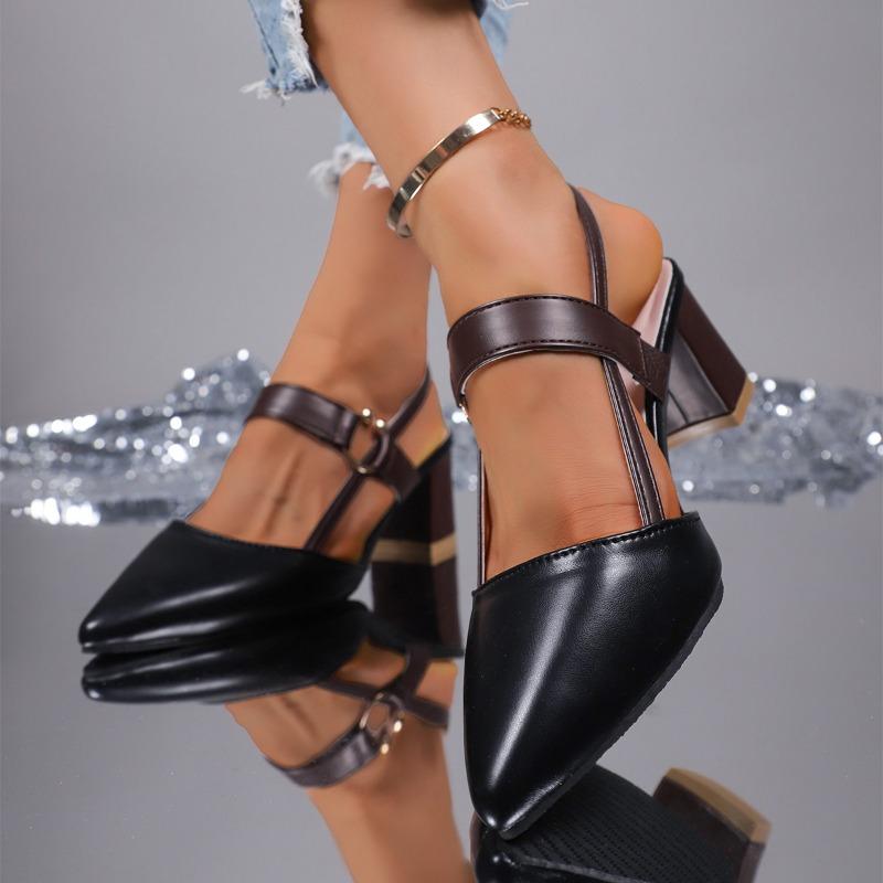 Fashion Block Heel Sandals Summer New Pointed Toe Shallow Mouth One Line with Metal Buckle Anti-slip Wear-resistant High Heels