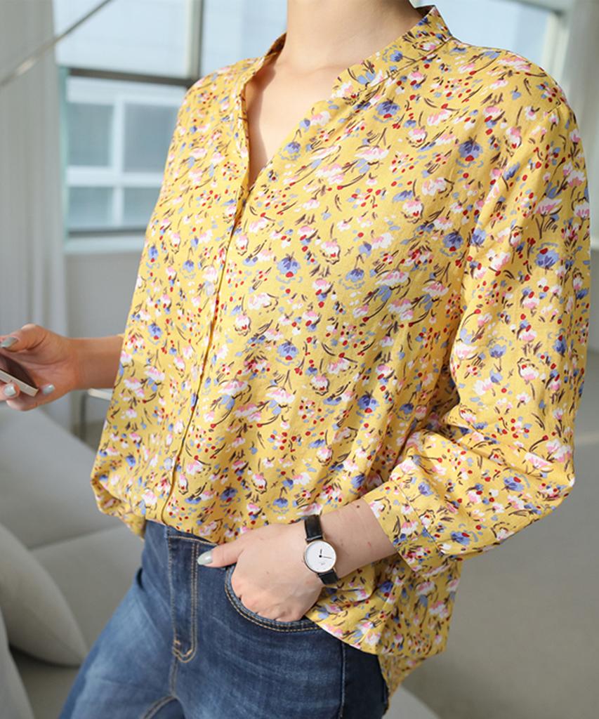 Ppaeppae Flower Slit Neck Shirred 3/4 Sleeve Blouse