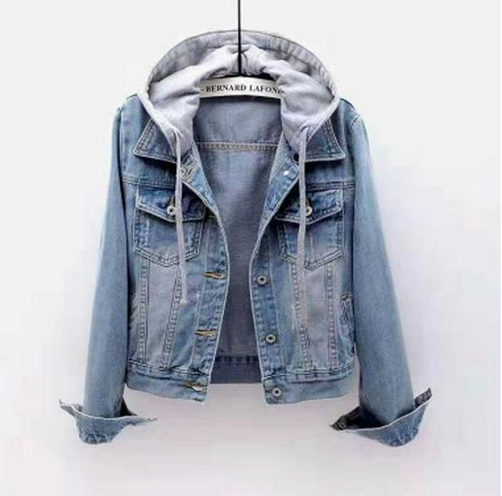 

Женская джинсовая куртка с капюшоном приталенного кроя 2025 - Корейский стиль, Весна/Осень, С длинным рукавом, Короткий студенческий топ 4XL (approx. 138-148 lbs)