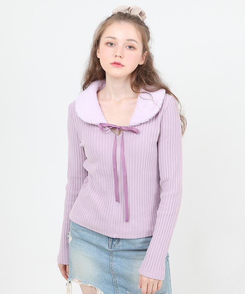 CATTLINE Fur Collar Knit T-Shirt (Purple)