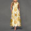 Women Sleeveless Casual Maxi Dress Round Neck Printed Loose Fit Long Dress with Flared Hem and Side Pockets for Daily Wear