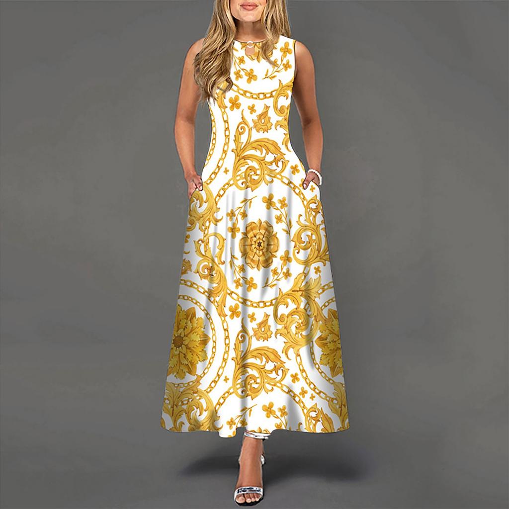 Women Sleeveless Casual Maxi Dress Round Neck Printed Loose Fit Long Dress with Flared Hem and Side Pockets for Daily Wear