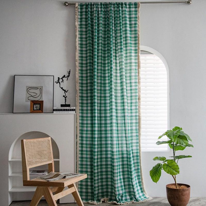 Green Plaid Yarn-dyed American Curtain Finished Kitchen Drapes Bay Window Curtain Semi-shading Living Room Bedroom Valance