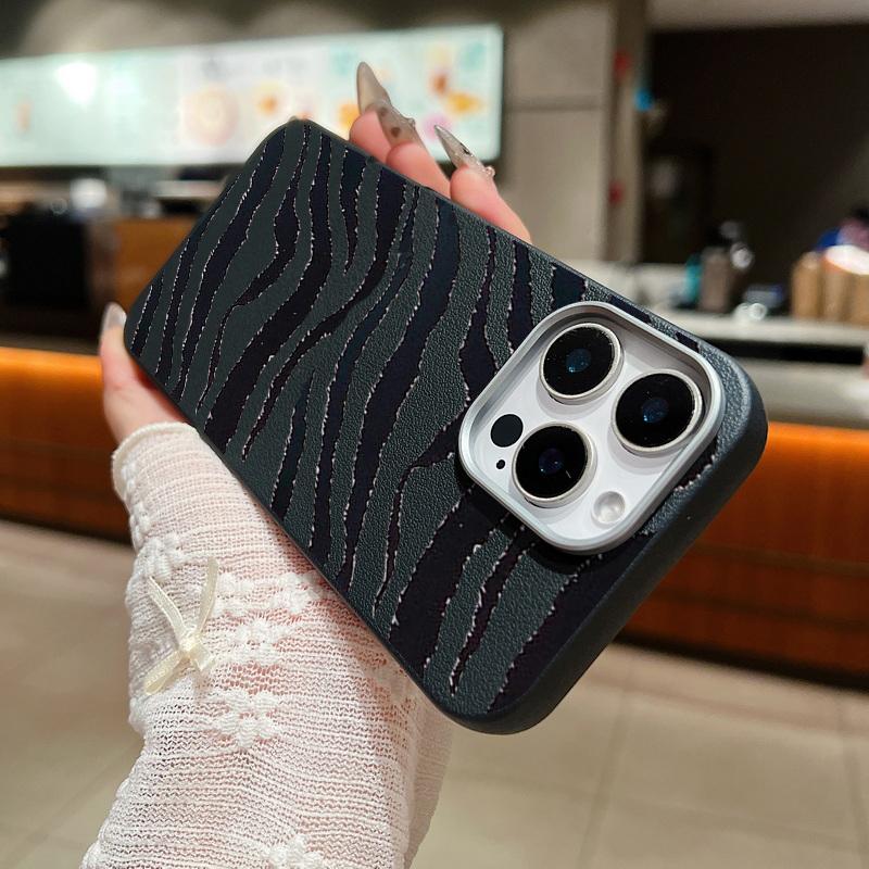 Zebra-Print Shockproof Soft Case For iPhone 16 Pro Max 15 Pro 14 Plus 13 12 11 Lens Protection Matte Leather Texture TPU Slim Phone Cover