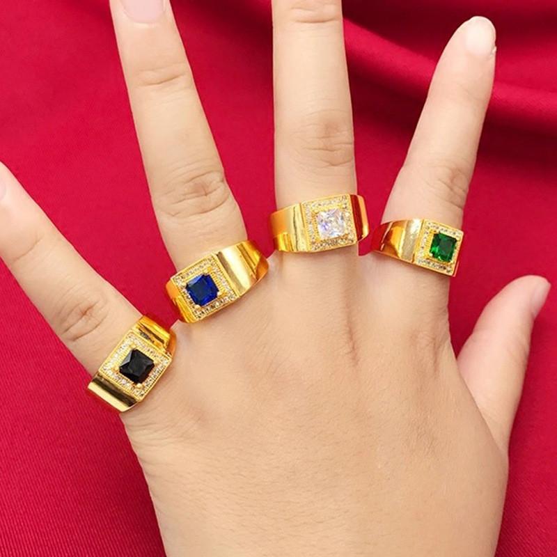 Green Trendy White And Black Brass Gold Plated Rings For Men With Beautiful Gem Sapphire