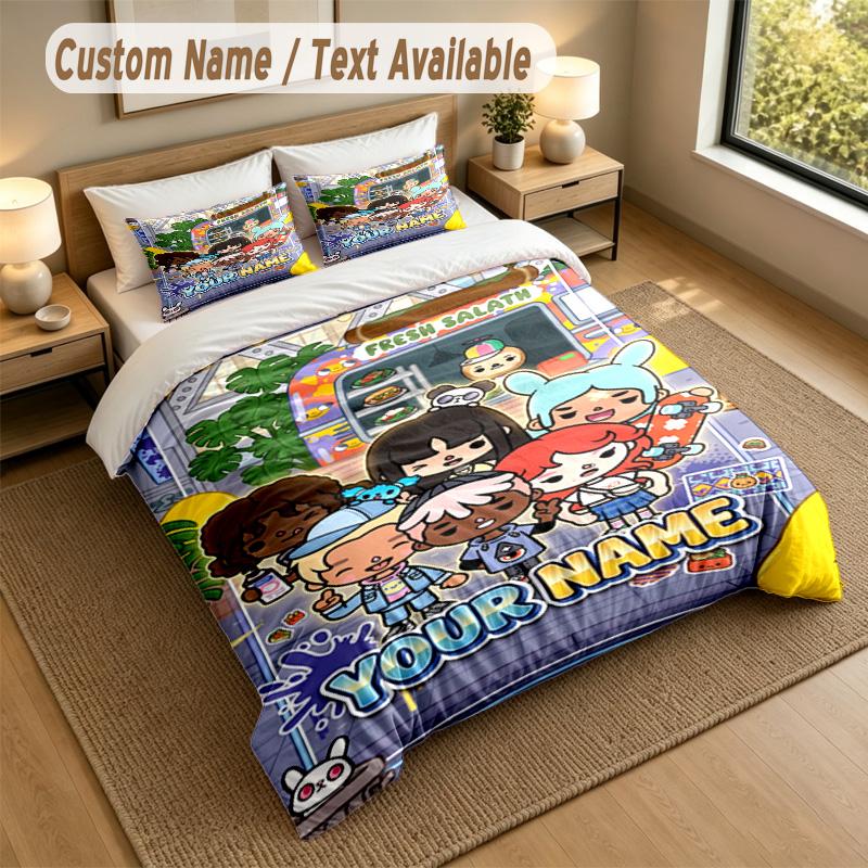 Custom Name Text Bedding 3Pcs Set,Toca Boca 1 Duvet Cover 2 Pillowcases Soft Bed Linen For Gift