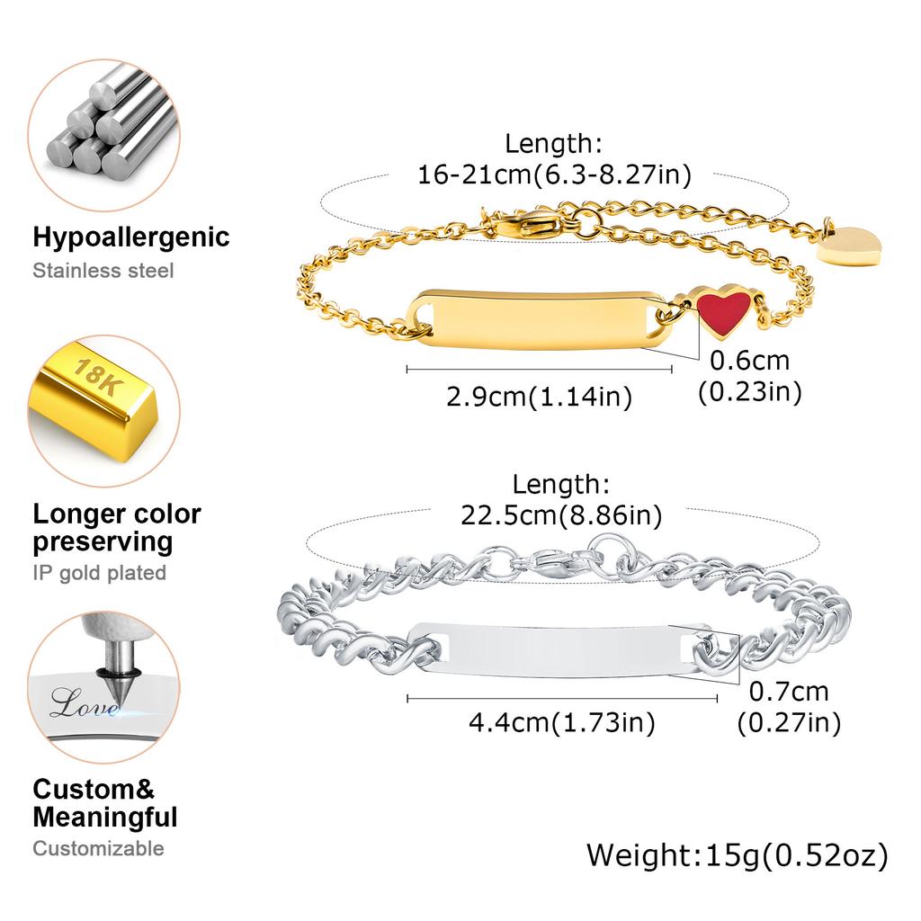 Vnox Custom Love Heart Charm Bracelets for Men Women, Promise Couple Bracelets Gift, Enamel Red Heart Wristband Jewelry Gift