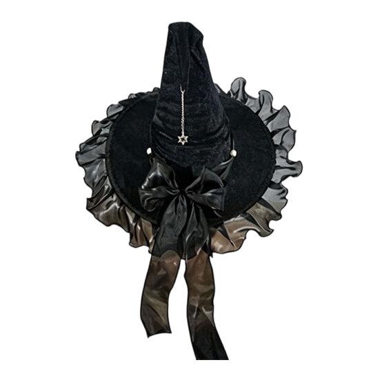 Xiaobudian Halloween Witch Hat for Women, Velvet Wizard with Ruffle Brim And Bow Party, Masquerade, Cosplay Costume Accessory