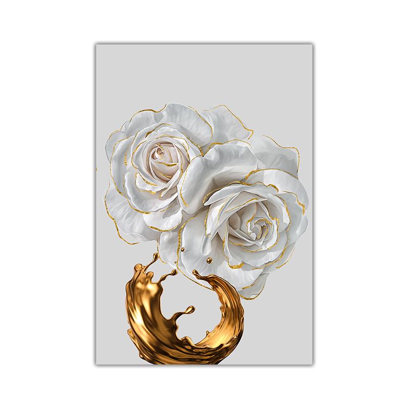 White Rose Flower Golden Ink Splash Abstract Poster Nordic Art Plant Canvas Painting Modern Wall Picture for Living Room Decor