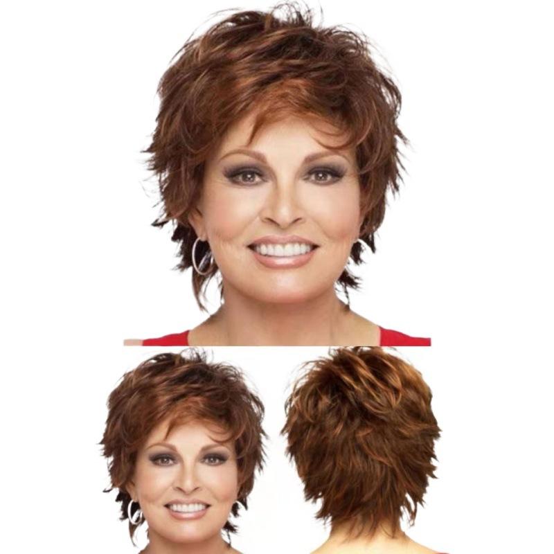 Kurze Perücken, lockige Damen-natürliche Perücke mit Pony, synthetisches blondes braunes Haar, Kostüm-Perücke für den täglichen Gebrauch für Frauen, hitzebeständige Perücke