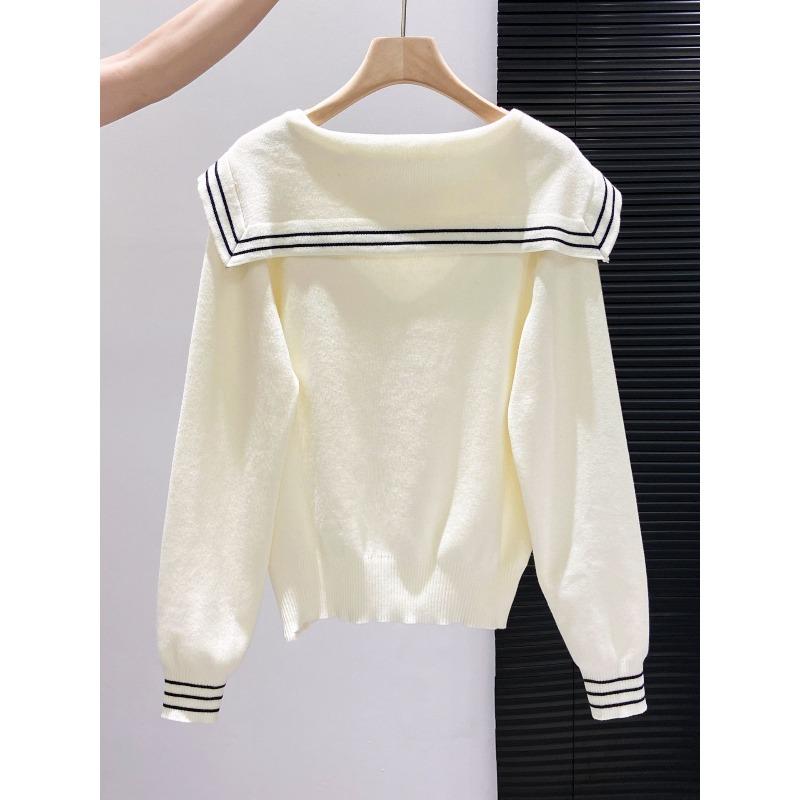 Temperament soft waxy knitted sweater niche long-sleeved sweater women's autumn new college style navy collar shawl strap top
