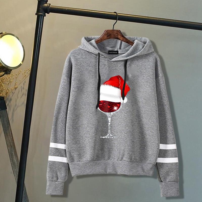 New Christmas Red Wine Glass Print Hoodies Women Spring Autumn Fashion Pullovers Ladies Solid Color Hooded Full Sleeve Sweatshir