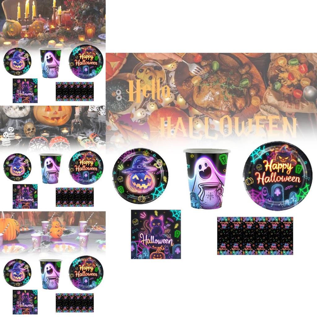 Bright Halloween Glow Disposable Party Supplies Set For 12 Featuring Paper Plates Cups Napkins And Tablecloth