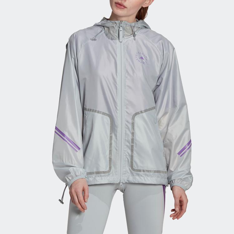 Adidas X Stella McCartney Kollaboration Letter Logo Print Kapuzen-Reißverschlussjacke Damenjacke Hell-Cyan-Grau HG6866