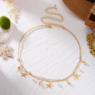 Summer Ocean Series Starfish Conch Pendant Waist Chain for Women Creative Double Layer Imitation Pearl Belly Chain Body Jewelry