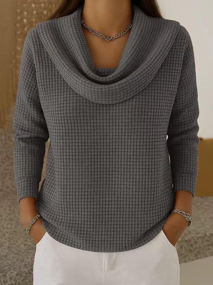 Women's Cross-Border Casual Solid Waffle Knit Long Sleeve Pullover for Spring and Autumn