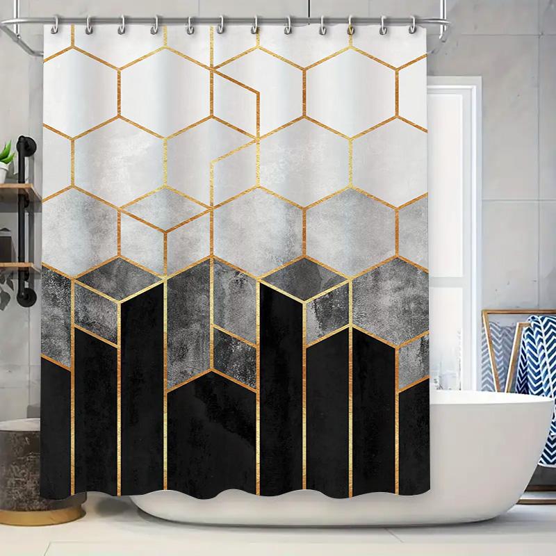 Modern Geometric Hexagon Shower Curtain Set Elegant Metallic White Black Design With Water-Resistant Fabric For Bath Decorations