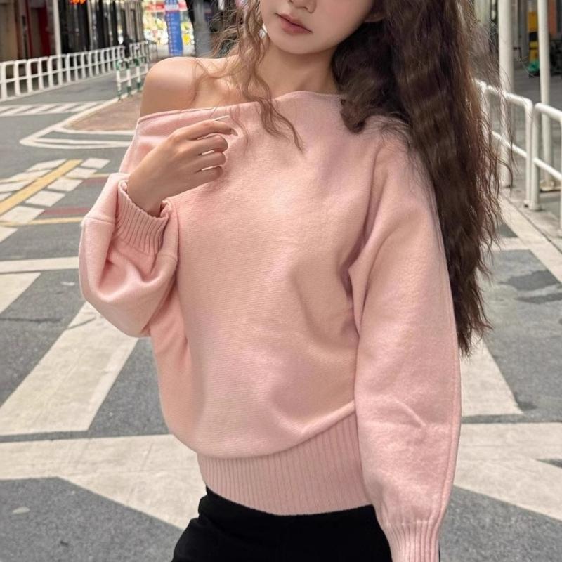 Pullover a maglia con maniche a pipistrello lunghe da donna 380g Spesso Scollo a barca Moda coreana Maglione Largo Casual Capo spalla per l'autunno Pull