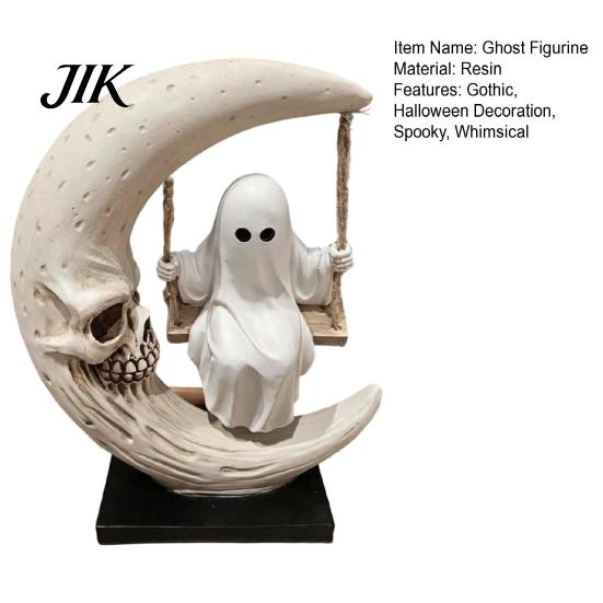 Personalized Birthday Present Halloween Ghost Swing Figurine, Spooky On A Moon Statue, Niche Home Accents Resin Gothic Decoration for Desktop, Mantel,