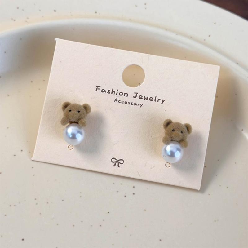 Autumn Winter Earrings Coffee Colored Flocking Bear Earrings Sweet Cartoon Style Ear Studs Suitable for Trendy Women