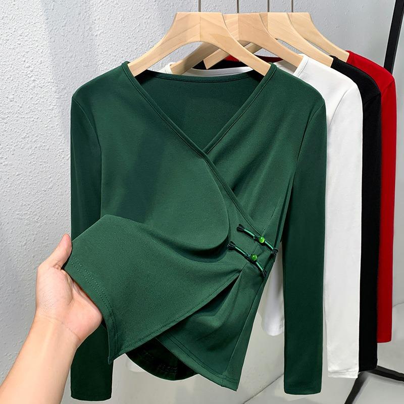 Solid Color Long-sleeved V-neck Cotton Shirt Women's New Autumn Thin Inner Bottoming Shirt Irregular Design Top