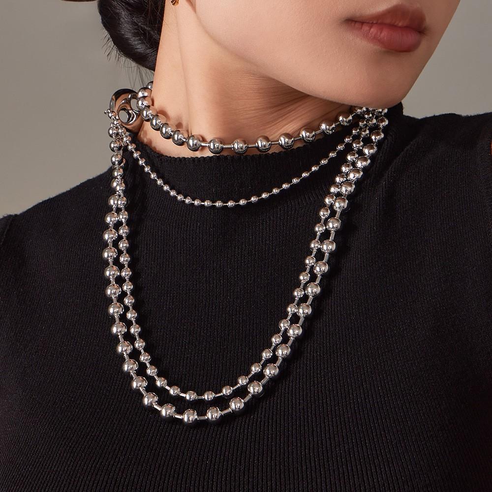 Two-tone Triple Layered Long Necklace In Stainless Steel 18k Gold Plated Beaded Sweater Chain Necklaces for Women