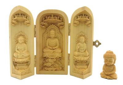 Compact Wooden Buddha Mini Tathagata Set Statue, Sanpobutsu,