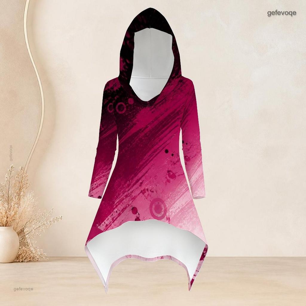 Women Plus Size Red Black Printed Hooded Long Sleeve High Low Top Fitted Pants Two Piece Set