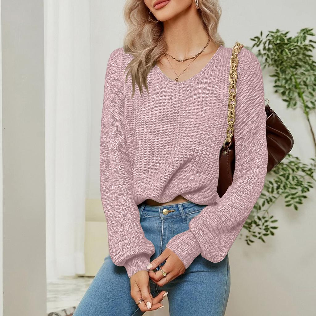 Women's Lazy Style Loose Short V-neck Lntern Long-sleeved Pullover Sweater