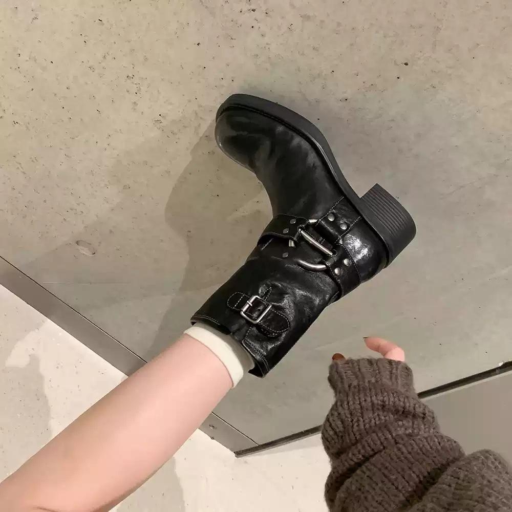 Cowhide version~ genuine leather retro metal buckle thick heel western short boots women's autumn and winter new punk locomotive knight boots