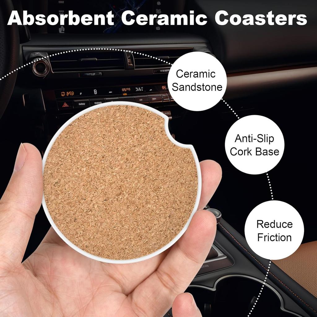 2 Pack Car Cup Holder Coasters, 2.63 Inch Anti Slip Ceramic Absorbent Coaster with Cork Base and Finger Notch, Cute Car Accessories Interior for
