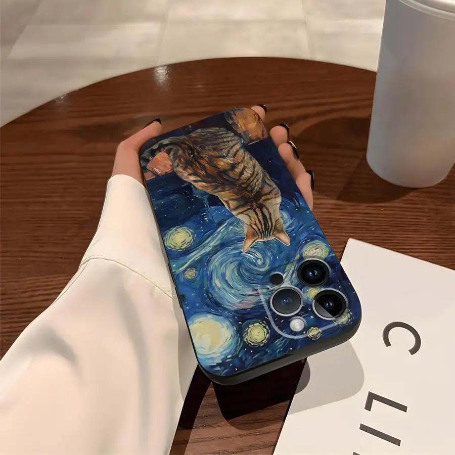 Artistic Starry Sky Cat Phone Case For iPhone 17 16 15 11 12 14 13 Pro Max Mini X XR 7 Plus 16E Shockproof Silicone Cover Fundas