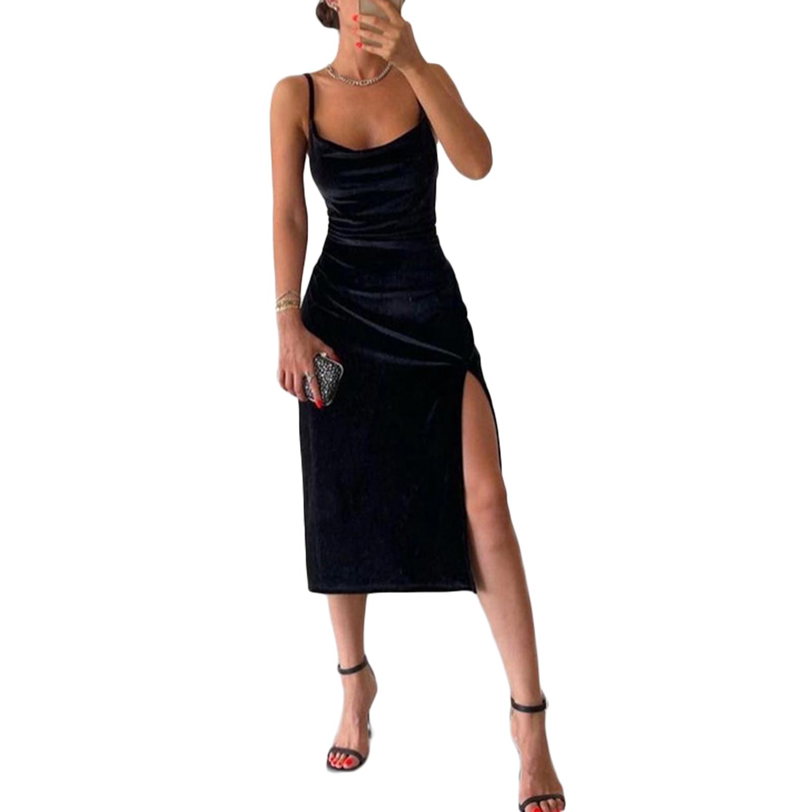 Женское платье без рукавов с высокими разрезами тонкими бретелями складчатым декором летняя одежда L чёрный 1090₽