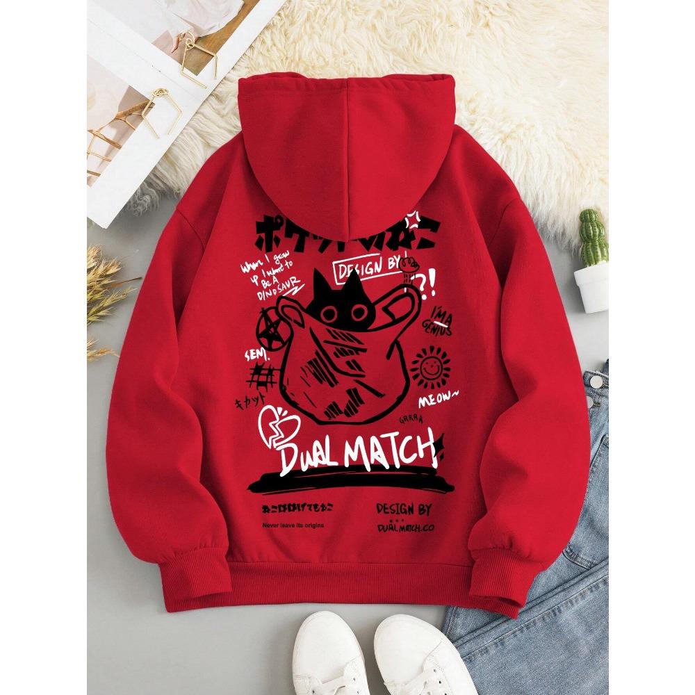 Cute Cat Cartoon Printed Sweatshirt Women Harajuku Casual Loose Hooded Fashion Soft Pocket Hoodies Autumn Warm Female Clothes